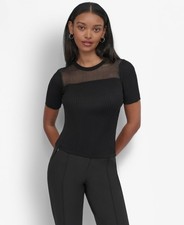 DKNY Women's Sheer-Inset Short-Sleeve Sweater Black Size M MSRP 79