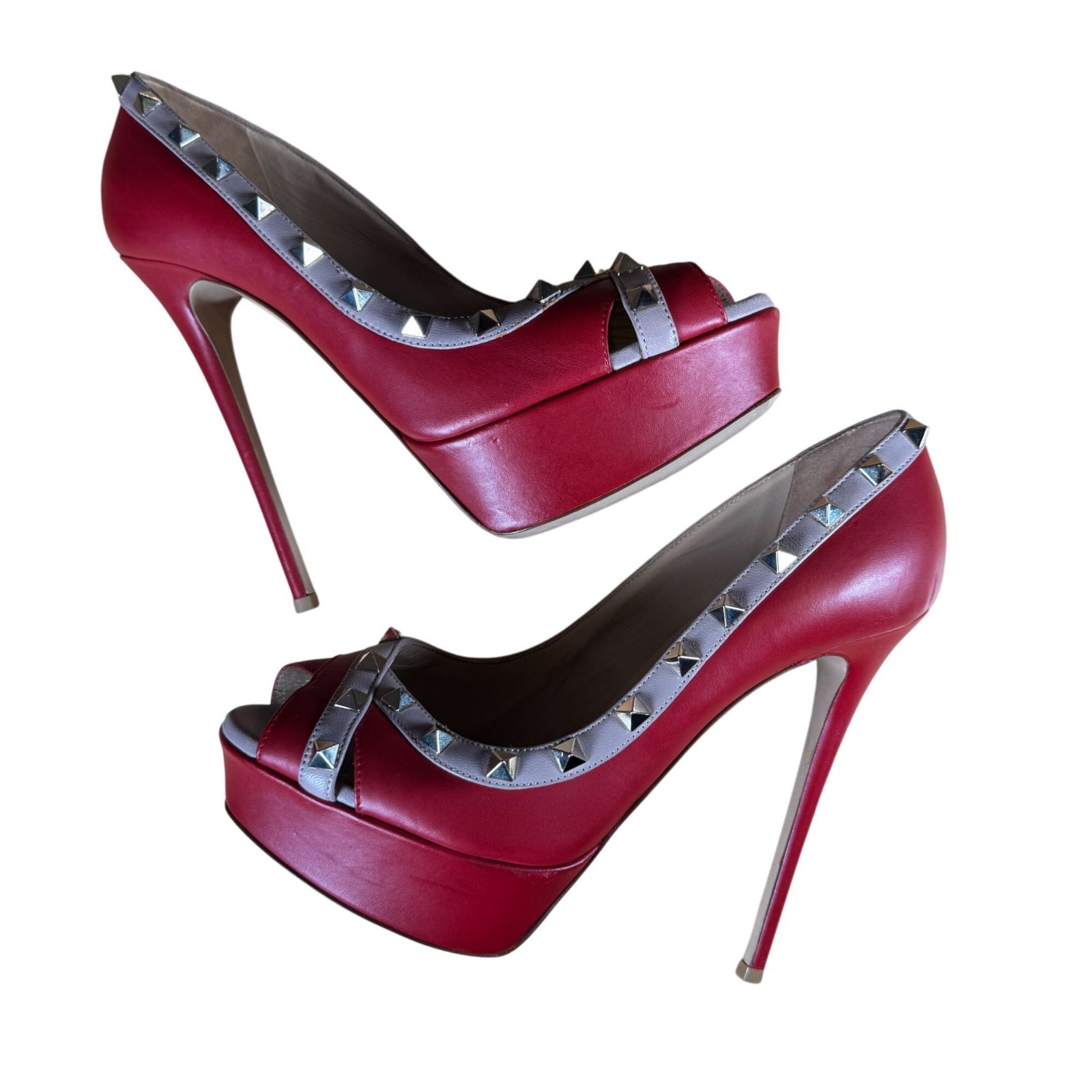 Valentino Garavani Rockstud Red Platform Peep Toe Heels Pumps Size 38 thumbnail 9