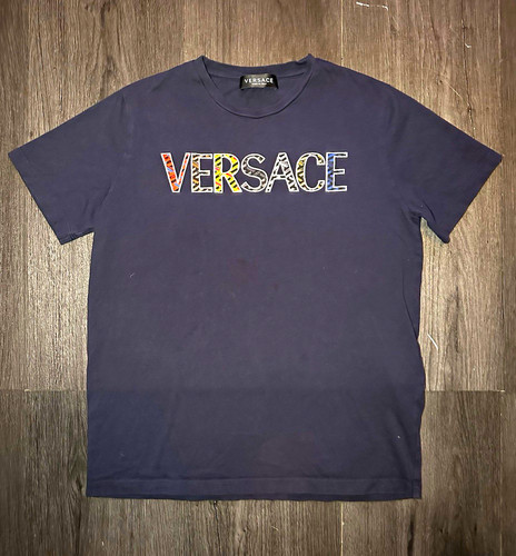 Versace, Versace women’s Navy Medusa word Logo embroidered T-Shirt size 14A/164cm