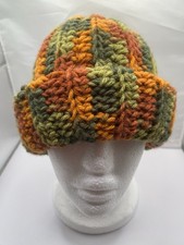 Handmade Crochet Beanie Hat Multicolor Fall Acrylic Yarn, Unisex Adult Hat