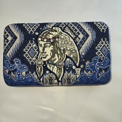 Western-style wallet features Native American motif decorated with rhinestones.