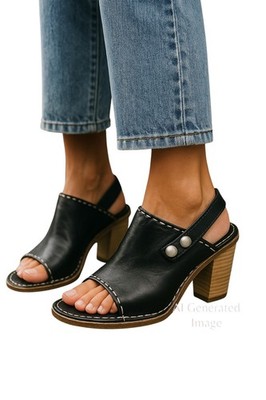Free People Women Black Leather Stacked Block Heel Slingback Sandals Sz 38 US 8