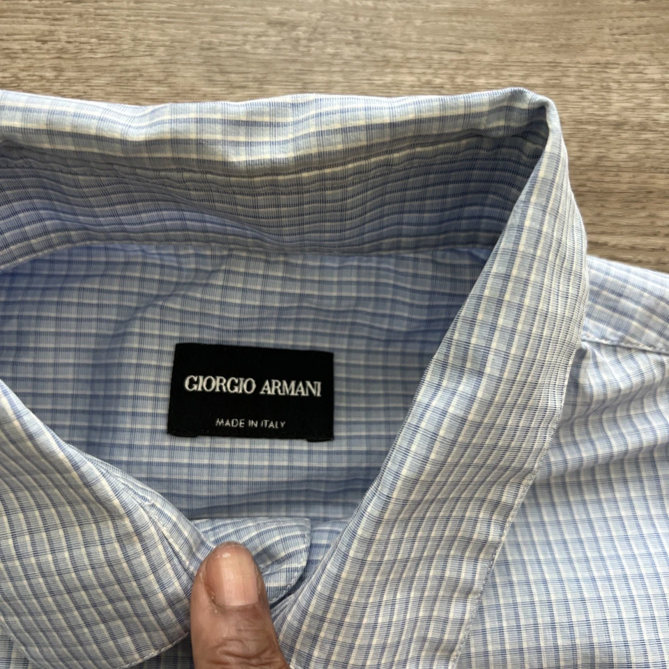 Camisa de vestir a cuadros de algodón Giorgio Armani para hombre 15,5 azul cuello punto puño barril Foto 3 de 4