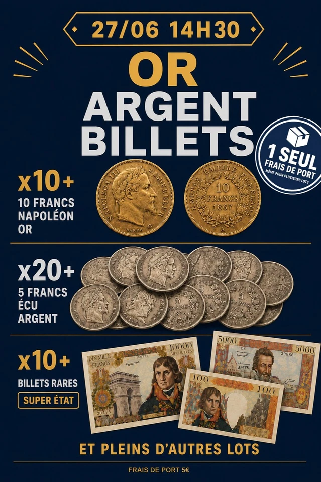 Or, Argent & Billets Rares – Napoléons, Écus et Lots Divers