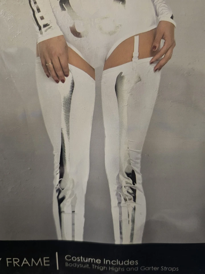 Sexy Skeleton Bodysuit Adult Halloween Costume w/ Thigh Highs & Garter Straps - Image 3 of 4