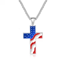 American Flag Patriotic Cross Necklace Stainless Steel Pendant Religious Jewelry