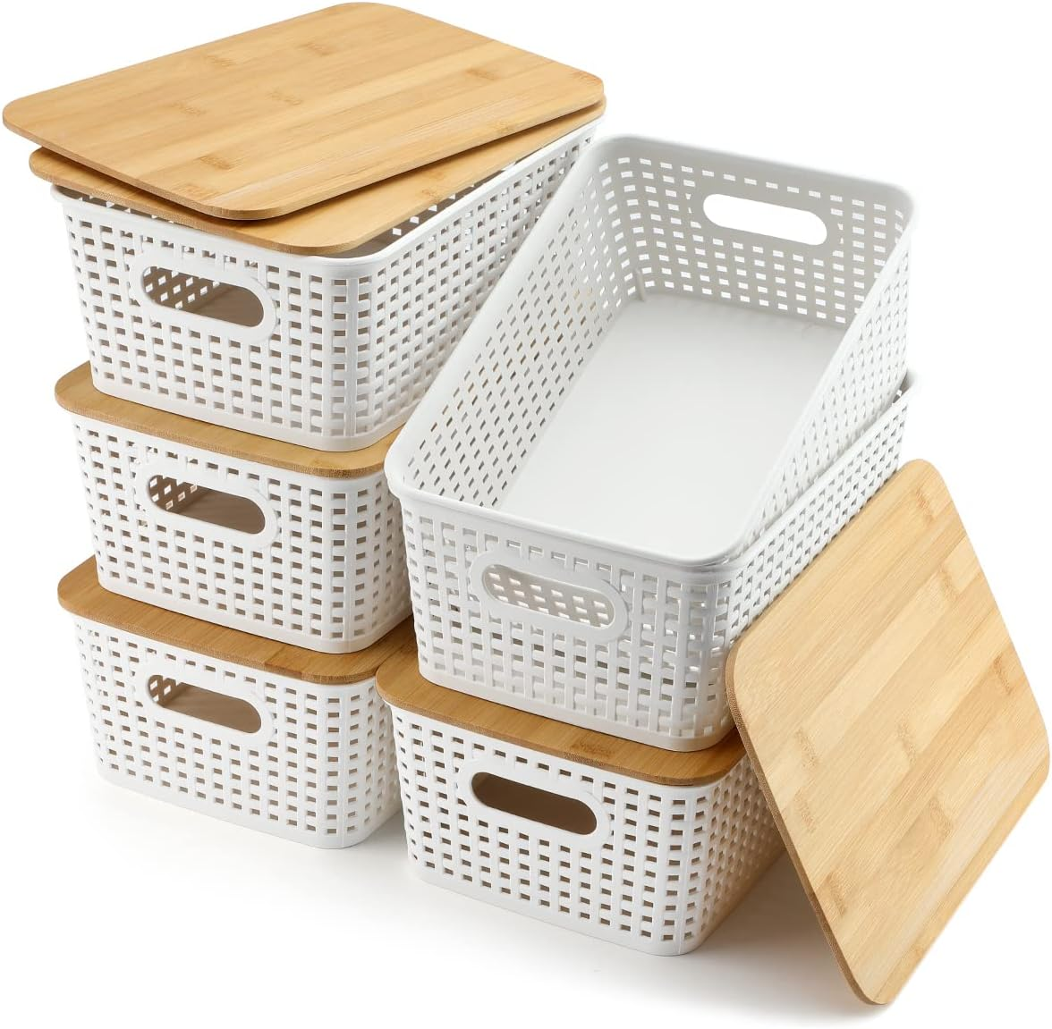Storage Bins with Lids 6 Packs, Plastic Storage Bins with Bamboo Lids for Pantry-image