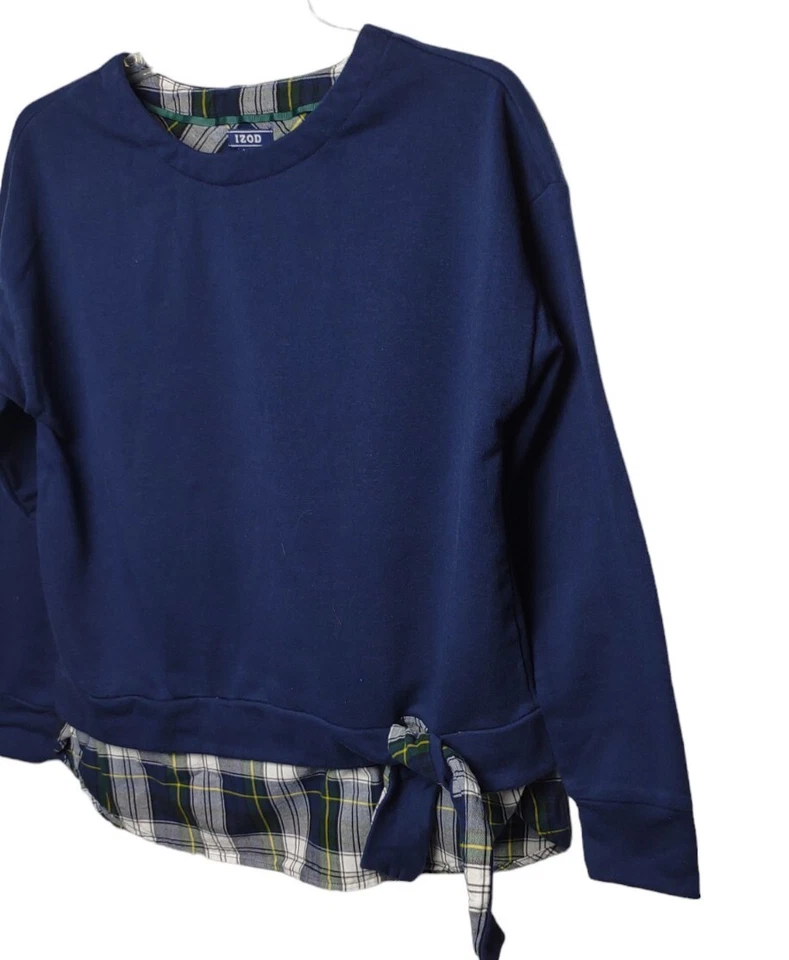 IZOD Tie Front 2-Fer Sweatshirt Large Plaid Hem Blue Green Sweater Top - Image 2 of 4