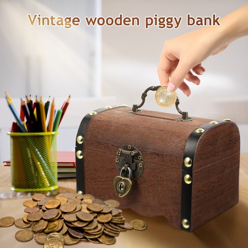 Wood Piggy Bank Wooden Treasure Box Treasure Chest Vintage Treasure Box - 第 5/12 張圖片