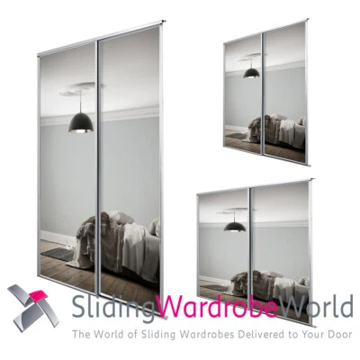 SpacePro Sliding Wardrobe Doors & Track - White Framed MIRROR - 3 Sizes