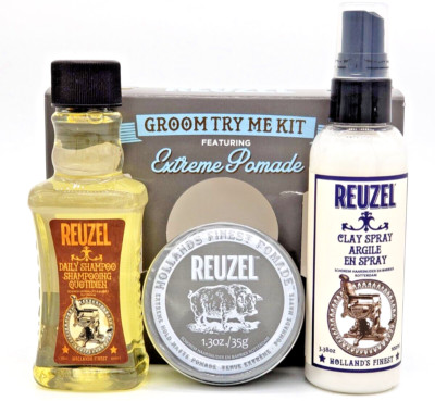 REUZEL Daily Shampoo, Clay Spray 3.38 oz & Extreme Matte Pomade 1.3 oz Set