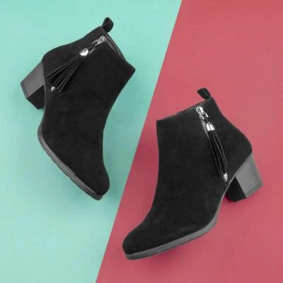 Lilley Womens Boots Black Adults Ladies Ankle Heel Zip Faux Suede SIZE