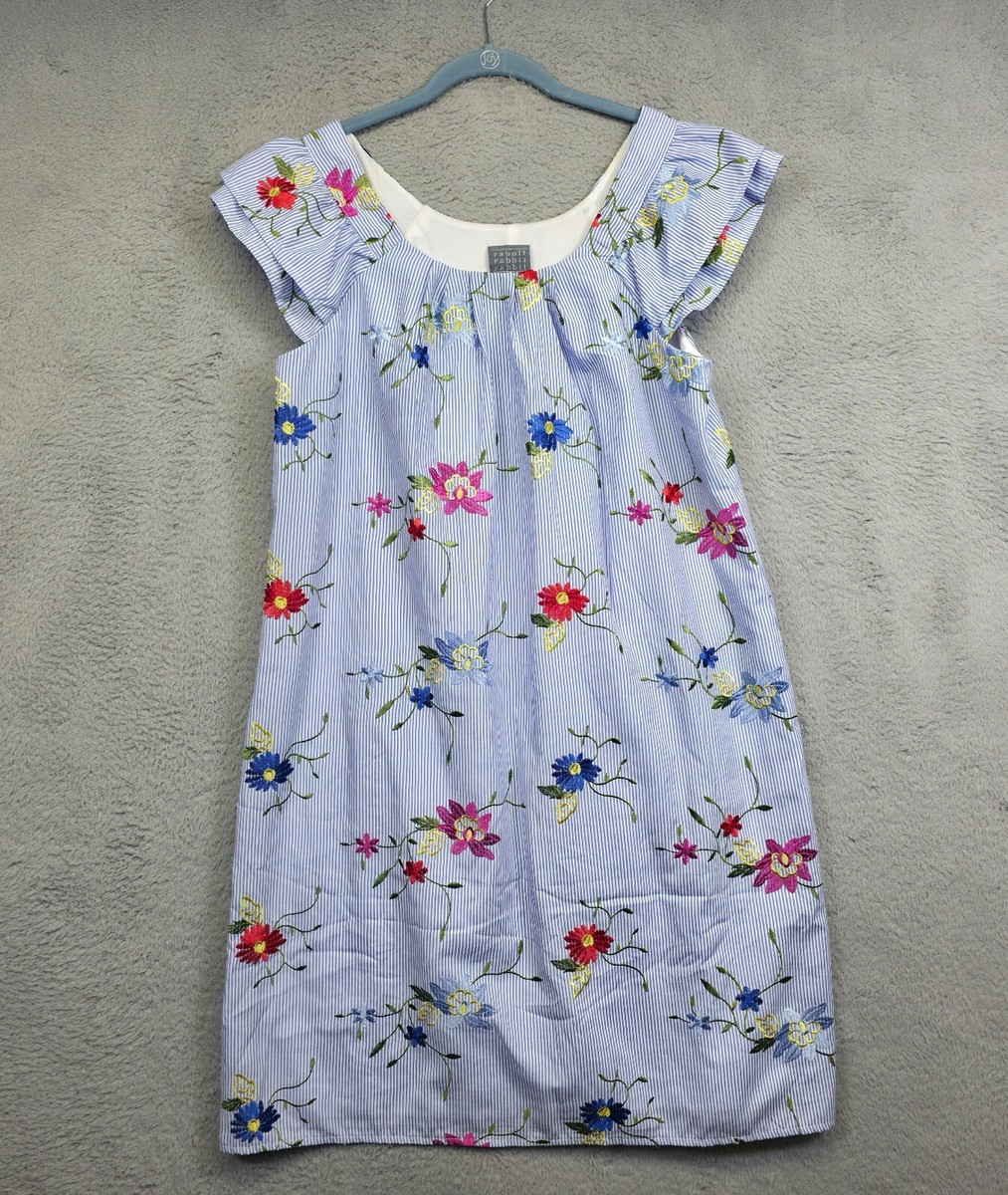 Rabbit Designs Dress Womens 14 Blue Striped Floral Embroidered Lined Grannycore Rabbit Designs Dress Womens 14 Blue Striped Floral Embroidered Lined Grannycore