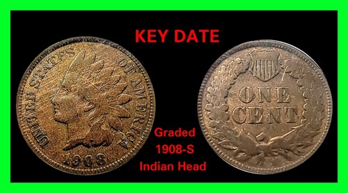 1908-S Indian Head Cent 1¢ Key-Date - Graded ANACS Fine F12