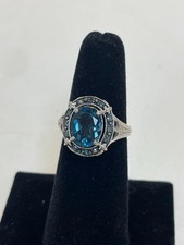LADIES STERLING SILVER DEEP AQUA BLUE TOPAZ WITH ACCENTS RING, SIZE 6
