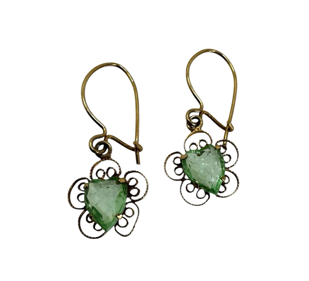 Solid 14K Green Heart Dangle Earrings - image 1