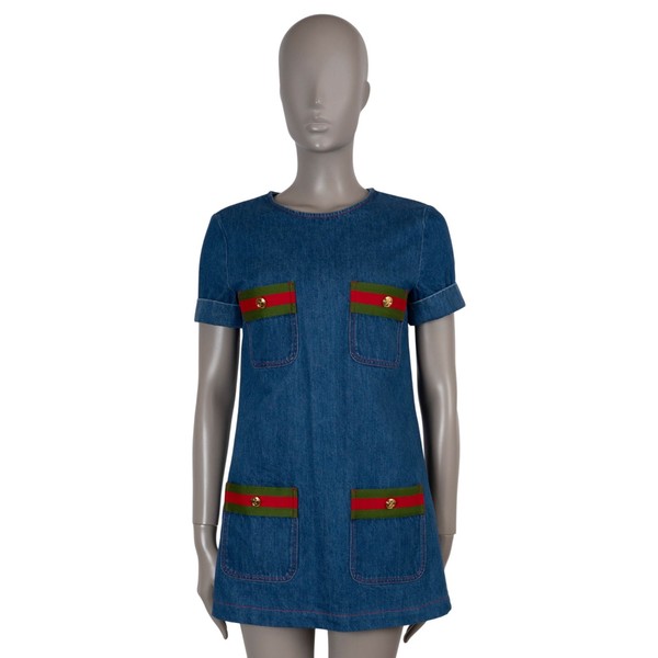 73341 authentisch Gucci blau Baumwolle 2023 WEB TRIM VIER TASCHEN DENIM MINI Kleid 40 S