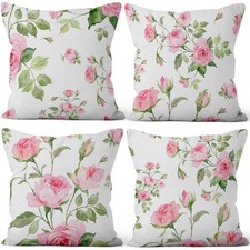 Pink Roses Throw Pillow Covers Blooming Floral Set of 4 Vintage Countryside S...