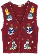Bobbie Brooks Snowman Sweater Vest Red Fits Sz L Embellished Button Women CB83E