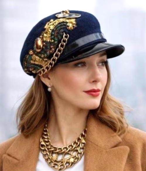 Gorra de lana azul marino para mujer sombrero steampunk dorado bordado cadena...