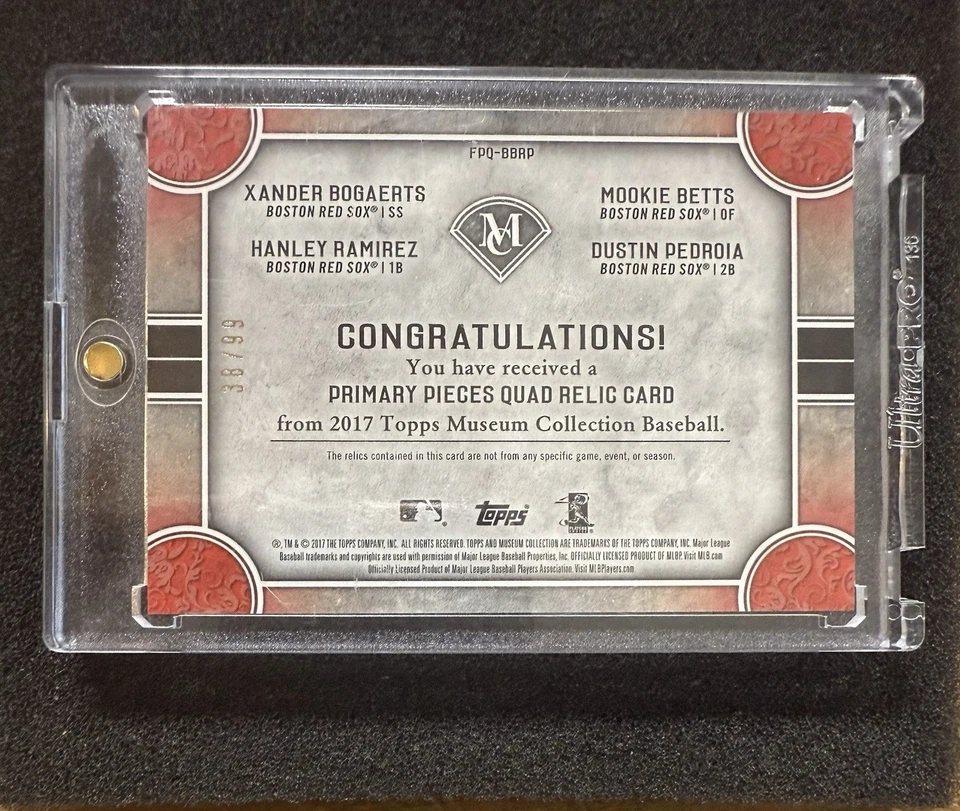 Коллекционные бейсбольные карточки 2017 Topps Museum Collection Primary Pieces Quad Relic Red Sox /99 Pedey Betts - Изображение 3 из 3