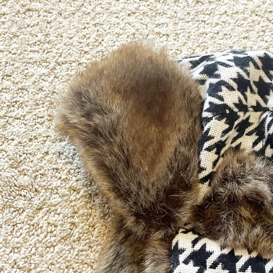 D&Y 女式黑色白色千鸟格捕手帽子人造毛皮翻盖部队飞行员 — 第 2/4 张图片