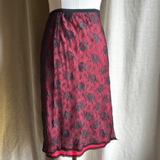Vintage Black Lace Overlay Slip Skirt Red Sheer Lingerie Midi Skirt S/M