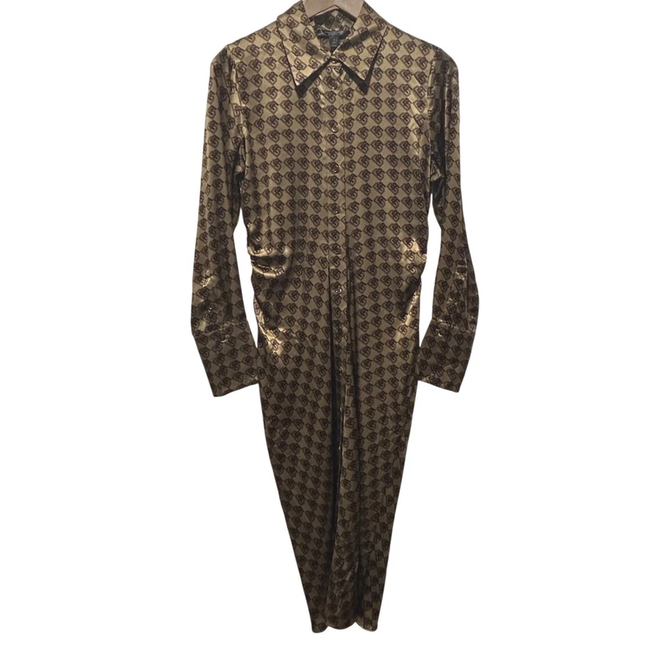 Banana Republic 100% Silk Monogram Print Button Down Midi Shirt Dress Size Small - Image 3 of 4