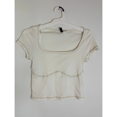 HM Divided Ribbed Square Neck Crop Top Cream Contrast Stitch Large