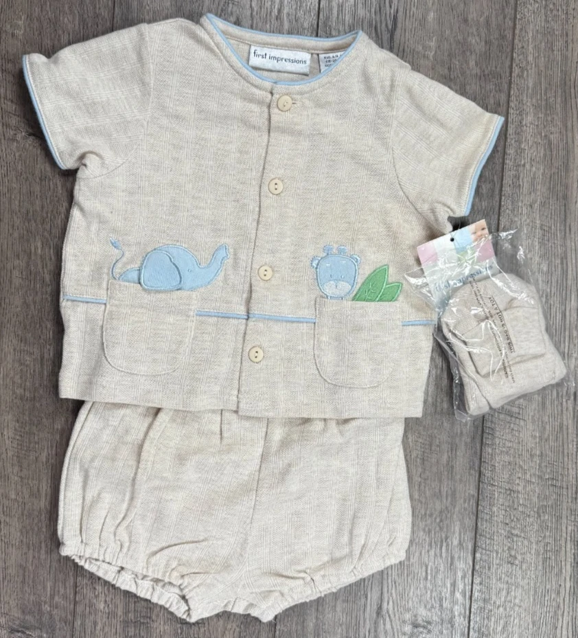 Baby Boy Clothes New Vintage First Impressions 6-9 Month 3pc Animal Outfit