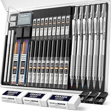 35PCS Silver Metal Mechanical Pencils Set in Case, Art Drafting Pencil 0.5, 0.7,