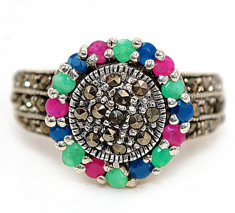 Multigemstone Marcasite 925 Sterling Silver Ring Sz 9 NF1-2