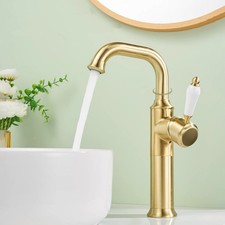 Brushed Gold Bathroom Basin Tap Ceramic Handle Brass Hot  Cold Mixer Faucet