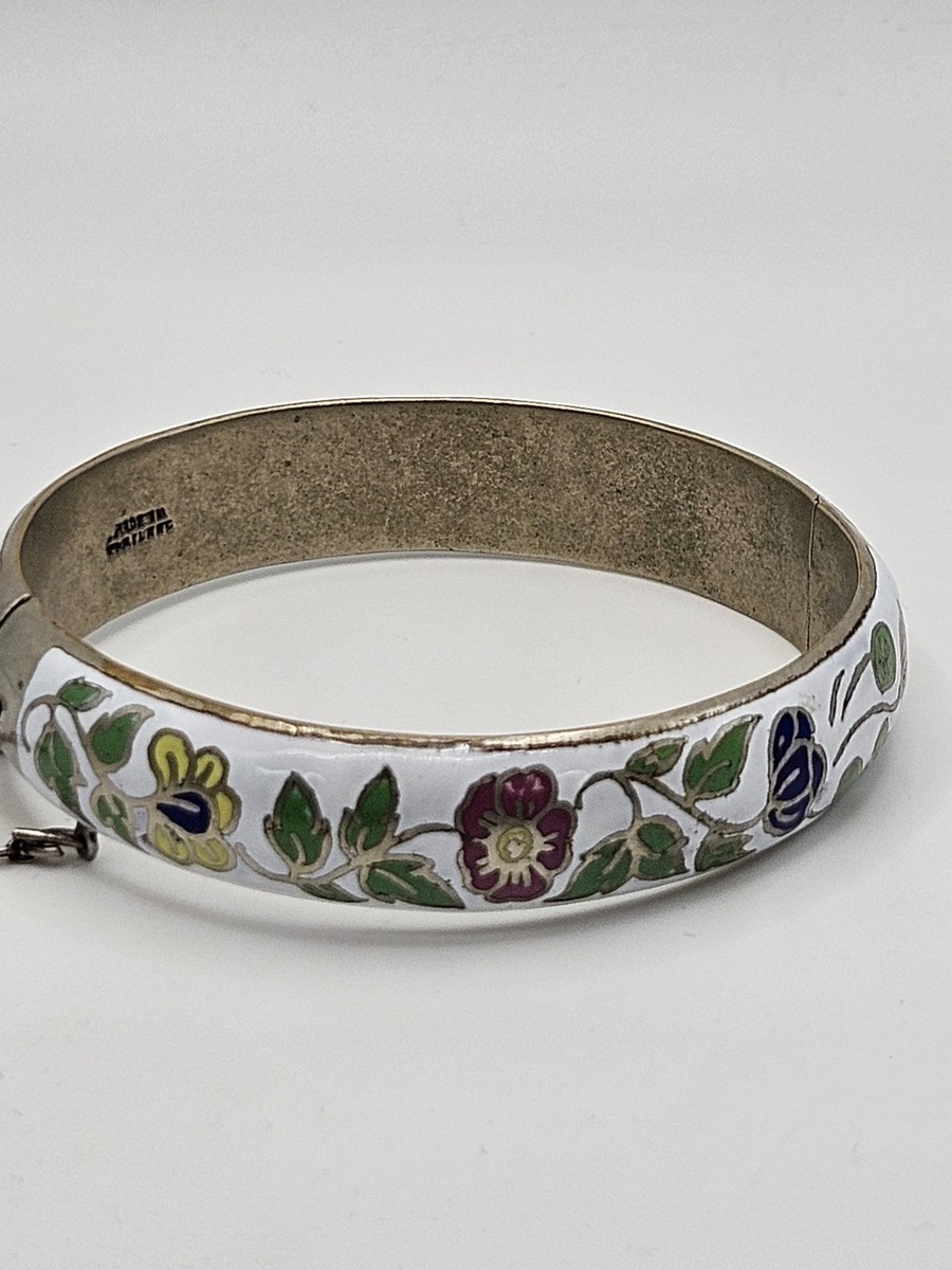 Vintage Floral Enamel Cloisonne Hinged Silver Tone Bangle Bracelet