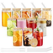 sungwoo 12PCS Glass Cups with Bamboo Lids and Straws, 16OZ Ice Coffee Cup, Dr...