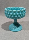 Vintage Aqua Turquoise Milk Glass Hobnail Pedestal Compote Candy Dish