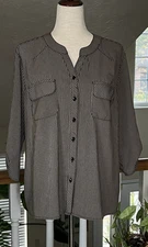 Notations Womens Size L Black Brown Stripe V-neck 3/4 Roll Tab Sleeves Blouse
