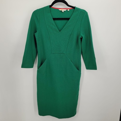 Boden womens 4 L green Bronte Ottoman V neck ribbed dress 3 qtr sleeve pockets - Picture 10 of 10