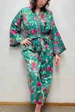 Green Bird Cotton Robes Long Kimono Indian Sleepwear Night Suit Kimono Robes US