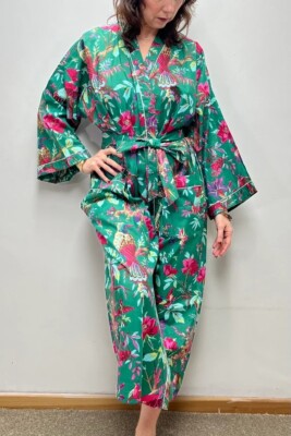 Grün Vogel Baumwolle Bademantel Langer Kimono Indisch Nachtwäsche Nacht Anzug US