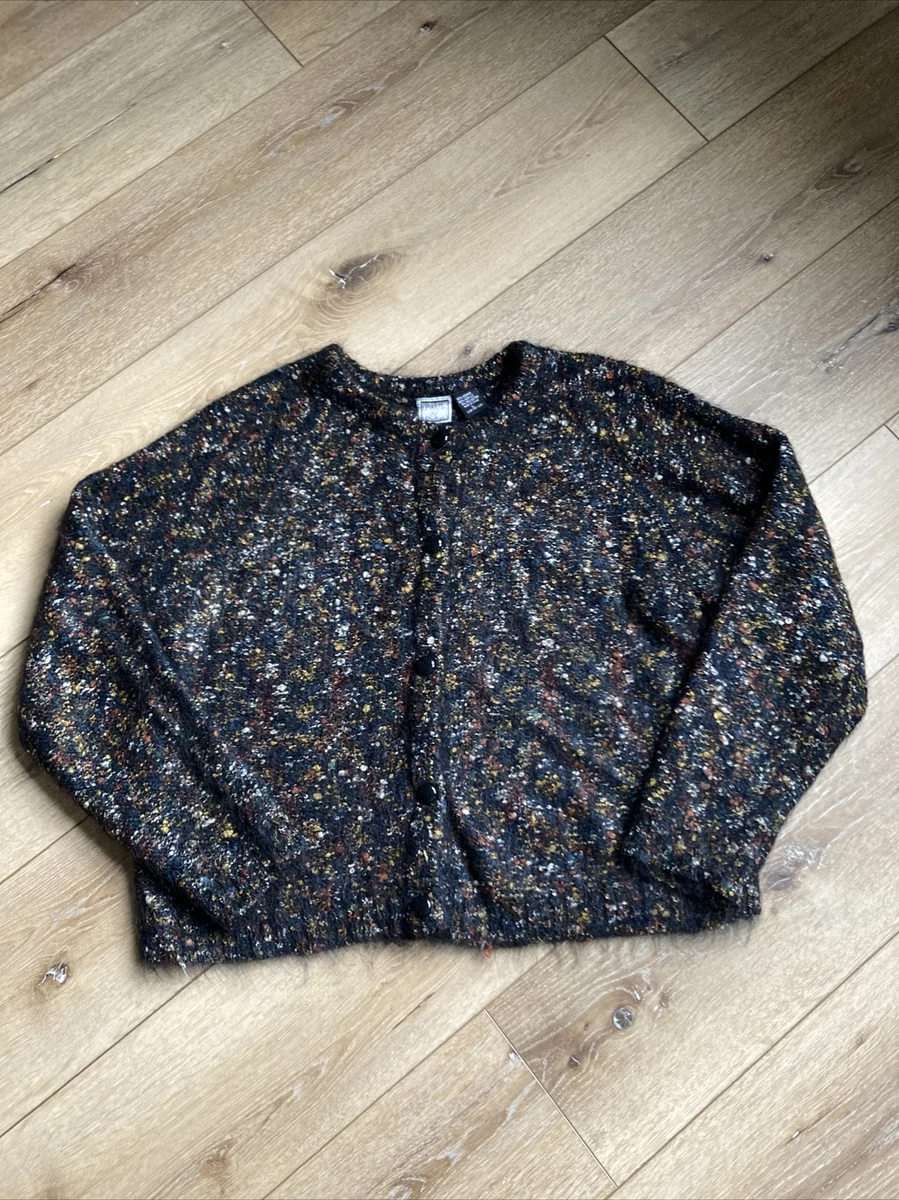 Vintage Mohair Cardigan Sweater Women's Large Black Speckled