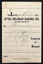 Richmond Hill, Long Island Dillman Baking "Loves of Bread" - Billhead 1914