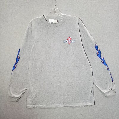 Six Flags Men Shirt Large Gray Intense Suspense Magic Mountain Blue Flame Tee
