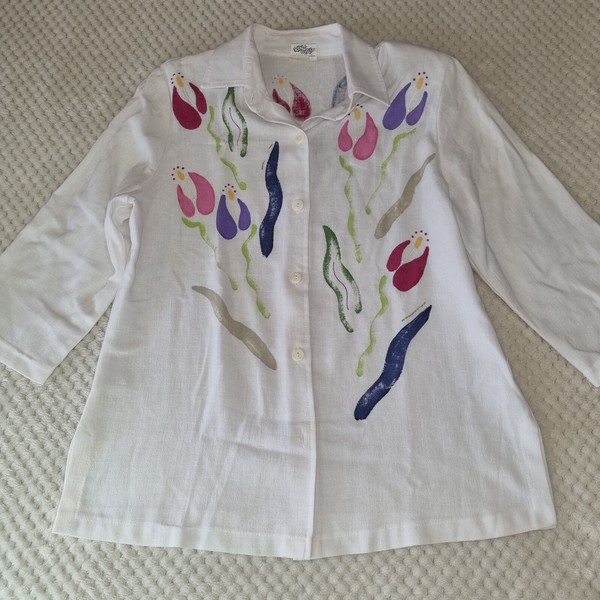 Vintage Renzi Vorsa Shirt Women's Small Linen Blend Button Up Colourful Art