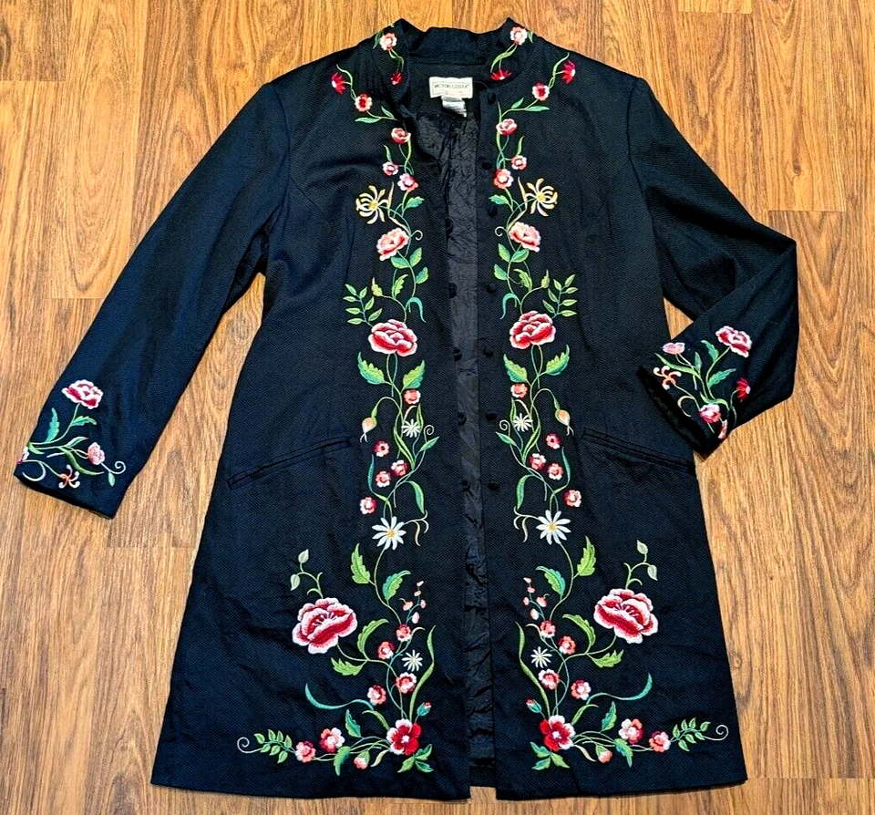 VICTOR COSTA vtg 90s Womens M Jacket Embroidered Flowers Longline Midi Coat 1A - Image 2 of 4