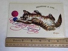 VTG 50s 60s KITTEN BIRTHDAY CARD  Dropping A Line Many Happy Returns  Cat