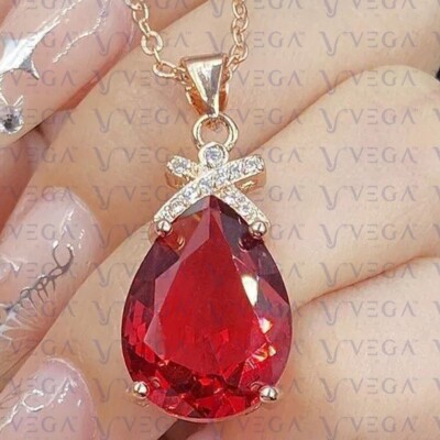 5.16ct Pear Cut Natural Red Ruby Gemstones Diamond Pendant Real 14K Yellow Gold