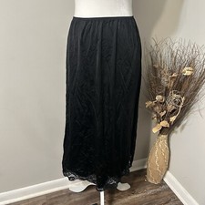 Vtg Body Lites For J.C.Penny Midi Slip Skirt Lace Trim Slit Black Nylon Women L
