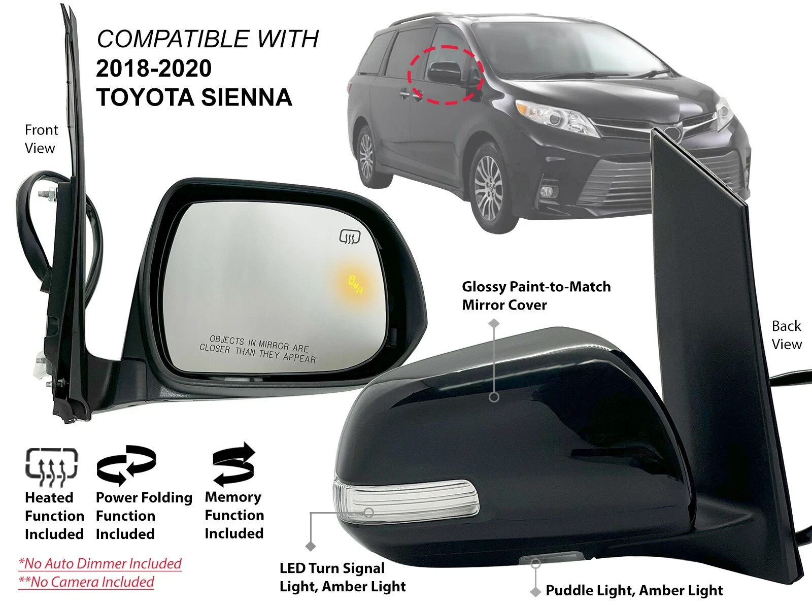 For 2018-2020 TOYOTA SIENNA Mirror BSD Signal Puddle Light Memory Passenger Side