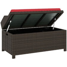 Storage Bench Dark Brown Rattan Red Cushion